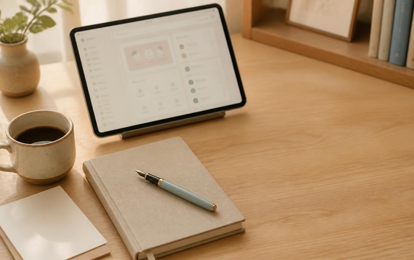 Arbeitsplatz einer Lehrkraft mit Tablet, Notizbuch und Kaffee im Morgenlicht